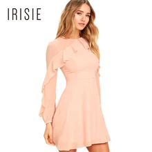 IRISIE Apparel Pink Sweet Ruffle Shoulder Mini Dress Women Clothing Sheer Frill Preppy Female Vestido Casual