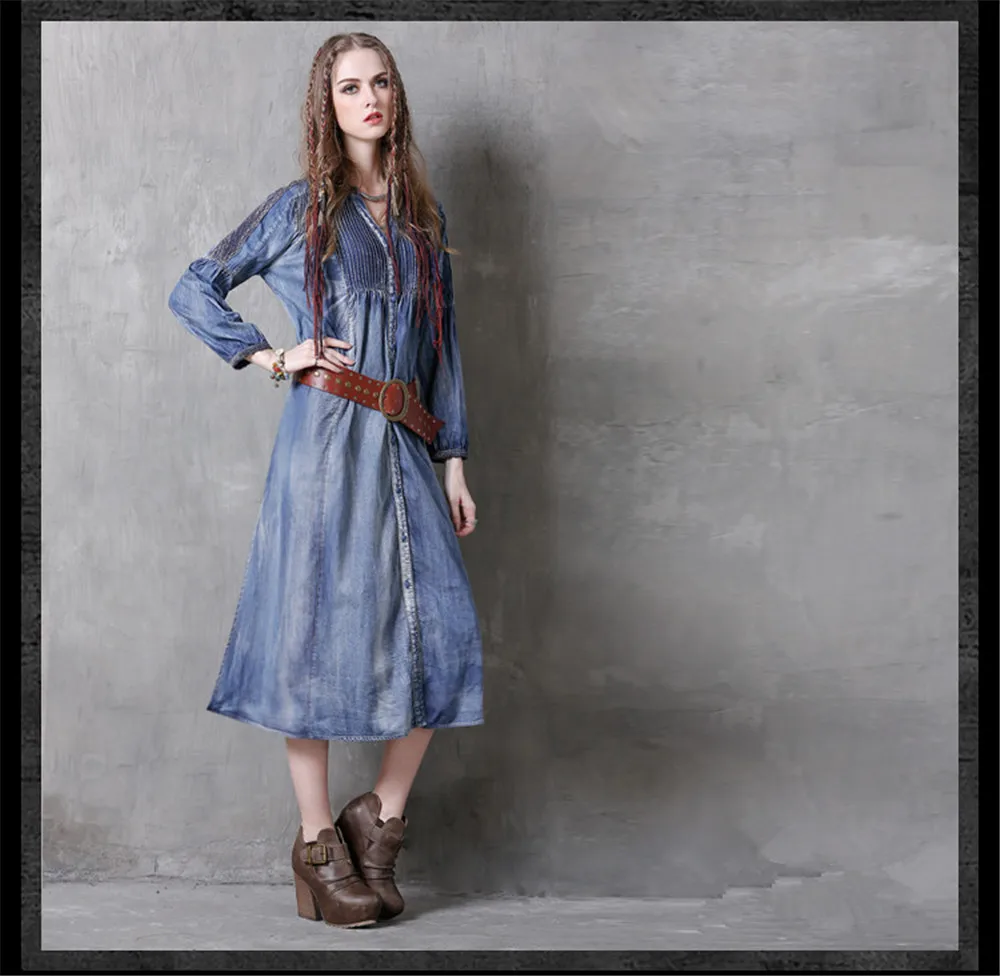 Vintage Spring Dress 2018 New Long Sleeve Denim Dresses V-Neck Patchwork Single Breasted Dress Women Vestidos Autumn Vestido (3)