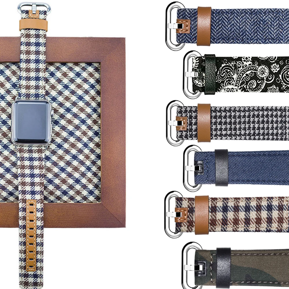 

12 Style Denim Fabric Genuine Leather Watchband For Apple Watch 38mm 42mm Band Bracelet For iWatch 40mm 44mm Series 1 2 3 4