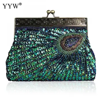 

YYW Unique Wind Classic Pearl Clutch Bag Embroidery Sequins Peacock Tiny Glass Beads Handbag Blue Small Chain Evening Bag