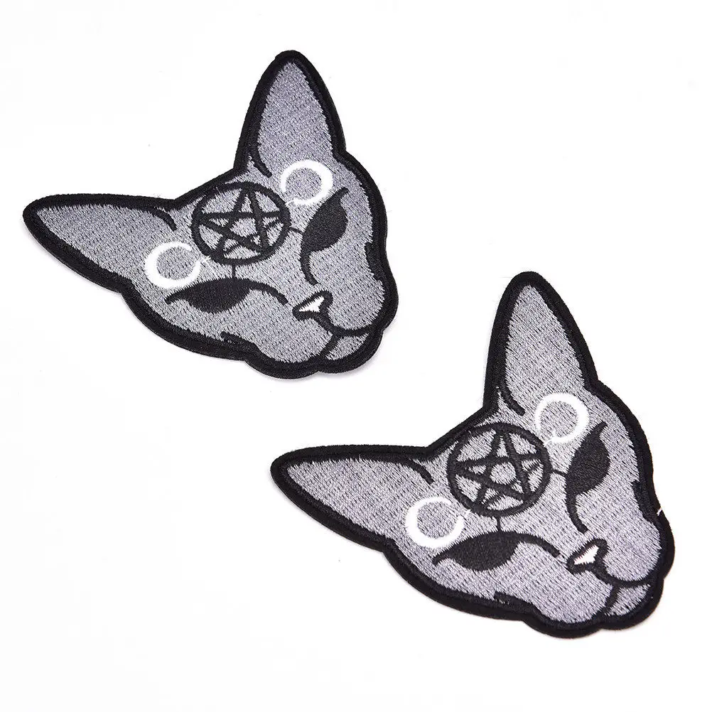 MENGXIANG 2pcs/lot DIY Customise Cotton Halloween Inverted Pentagram Crescent Moon Gothic Cat Iron On Patch Embroidery Sewing