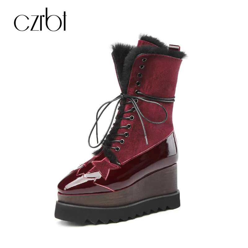 

CZRBT New Arrival Women Boots Genuine Sheepskin Fur Snow Boots Wedges Heel Waterproof Lace-Up Snow Boots Winter Mid-Calf Boots