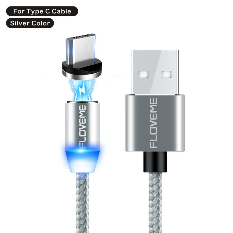 FLOVEM 2 м 2 а Короткие Usb кабели для зарядки Micro usb type C USB-C кабель магнитное зарядное устройство Круглый штекер дизайн светодиодный магнитный кабель для зарядки - Цвет: Type C Silver