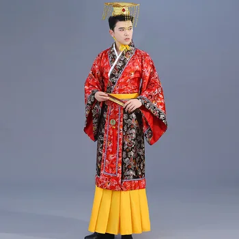 

2019 New 3 Color Adult Costume Chinese Hanfu Dress Mens Emperor King Stage Clothes Costumes Tang Suit Robe+hat Set