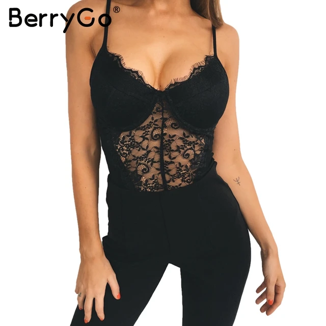 US $9.66 BerryGo Sexy backless lace bodysuit Black skinny fringe bodysuit one-piece jumpsuit romper women Su