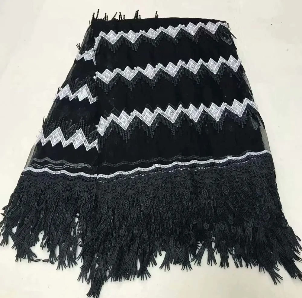 

2018 Embroidery mesh tulLe lace fabric 5 yards black 3d flower pattern beaded african lace fabrics wholesale for wedding party