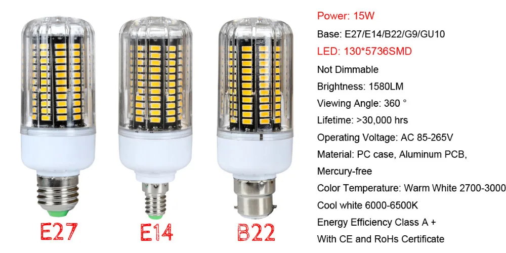 E14 E27 G9 GU10 B22 5736 SMD лампа Кукуруза лампы 85-265V 3W 5W 7W 9W 12W Светодиодный свет энергосберегающие лампы