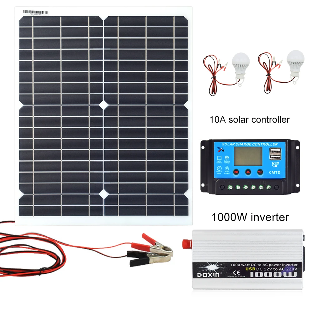 Solar Panel Power System Kit 220V//1000W Inverter 12V//18V Battery Charger USB Out