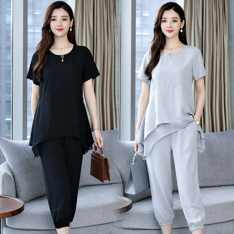 

YICIYA Chiffon Plus Size 3XL 4XL 5XL Summer 2 Piece Set Women Outfit Tracksuit for Women Pants and Top 2019 Summer Gray Clothing