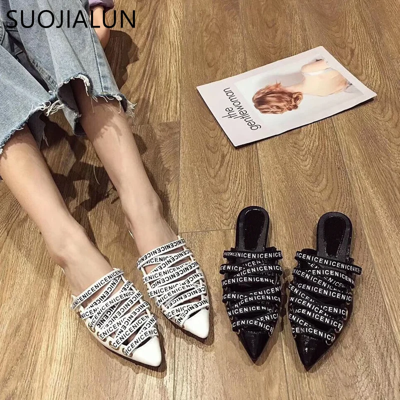 

SUOJIALUN 2019 Spring Design Slippers Women Brand Mules Ladies Flat Heel Slides Pointed Toe Elegant Letter strip Woman Slipper