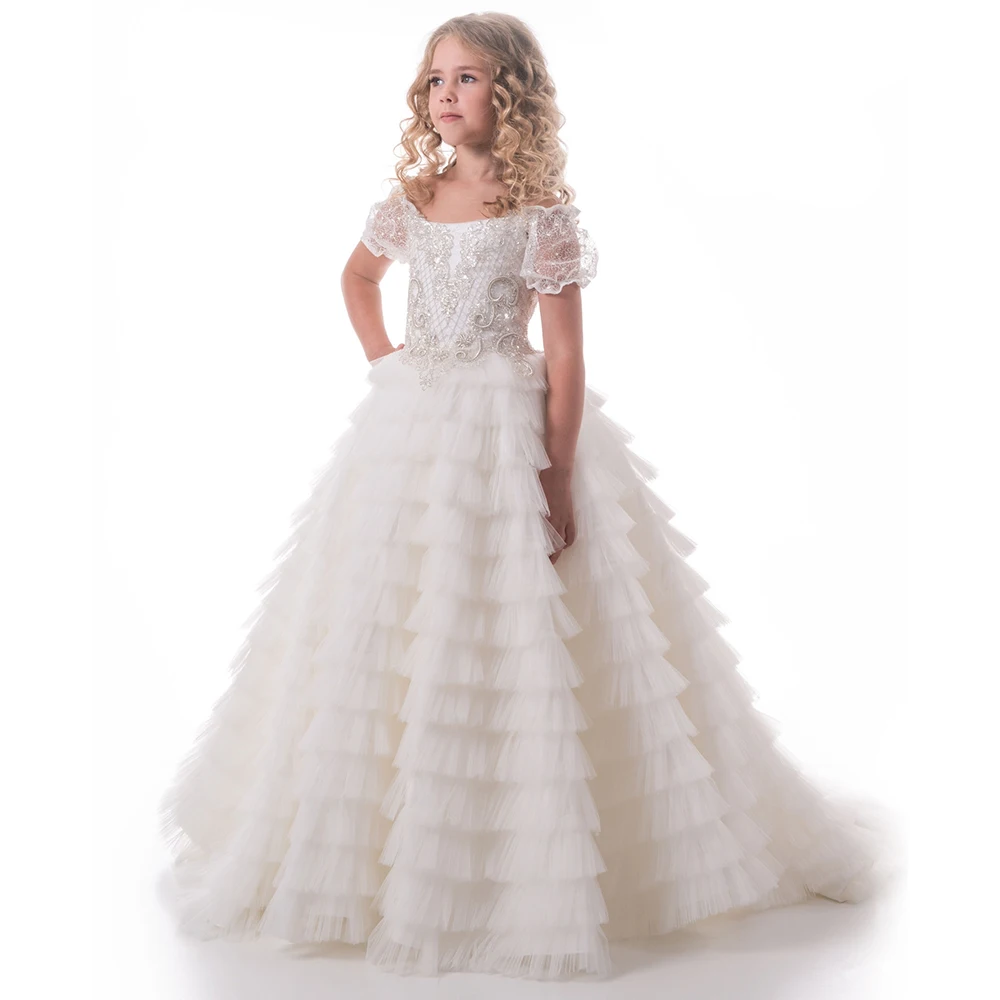 91 (1) New Ball Gown Cap-sleeve Boat neckline First Communion Dresses for Girls White Lace Beads Flower Girl Dress for Weddings