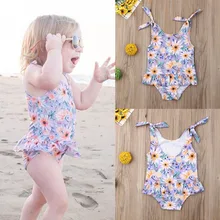 Летний милый купальник без рукавов с открытой спиной для маленьких девочек, купальный костюм с цветочным принтом для новорожденных девочек, бикини с v-образным вырезом, пляжная одежда