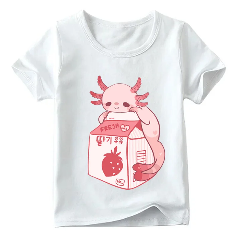 Модные милые розовые детские футболки с принтом Axolotl летние топы с короткими рукавами для маленьких мальчиков и девочек, детская мягкая футболка ooo2315 - Цвет: White C