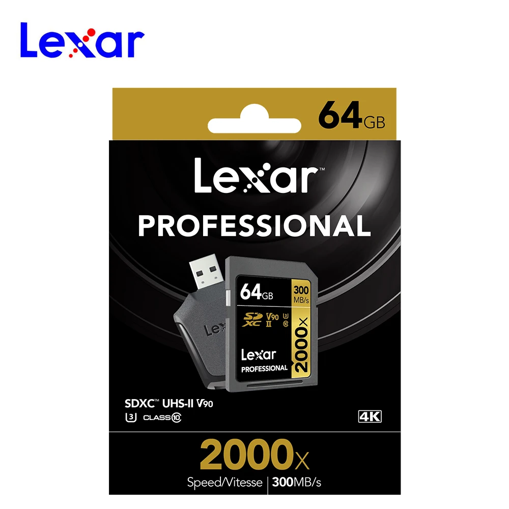 Lexar 2000X UHS-II SD карта, 32 ГБ, 64 ГБ, 128 флеш-накопители, слот для карт памяти 300 МБ/с. высокое Скорость для 3D 4K для зеркальной однообъективной камеры Камера