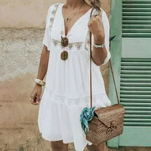 Открытое платье сексуальное женское богемное летнее пляжное мини-платье Бандажное кружевное Полупрозрачное платье с v-образным вырезом и коротким рукавом