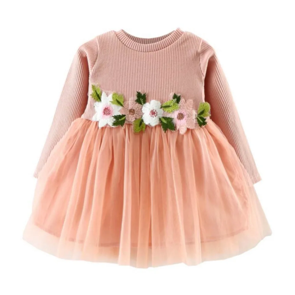 

Autumn Baby Girls Dress Casual Flower Infant Cute Patchwork Mesh Long Sleeve Princess Wedding Dresses Girls New