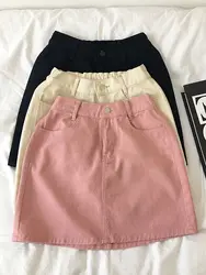 Новинка 2019 года летняя юбка Chic Harajuku сладкий карамельный цвет джинсовая женская Свободная Мода с карманами и высокой посадкой слово