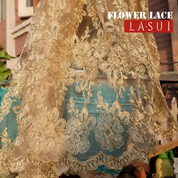 

LASUI 1.2M Gold Corded french lace embroidery lace shiny Very gorgeous flowers soft net yarn retro palace wind