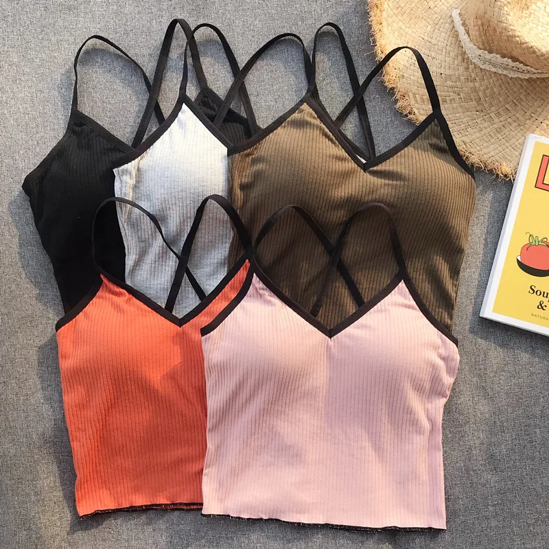 Girls Crossed Straps Short Camis Tops With Seperated Bra Women Padding Tanks Crop Tops For Female