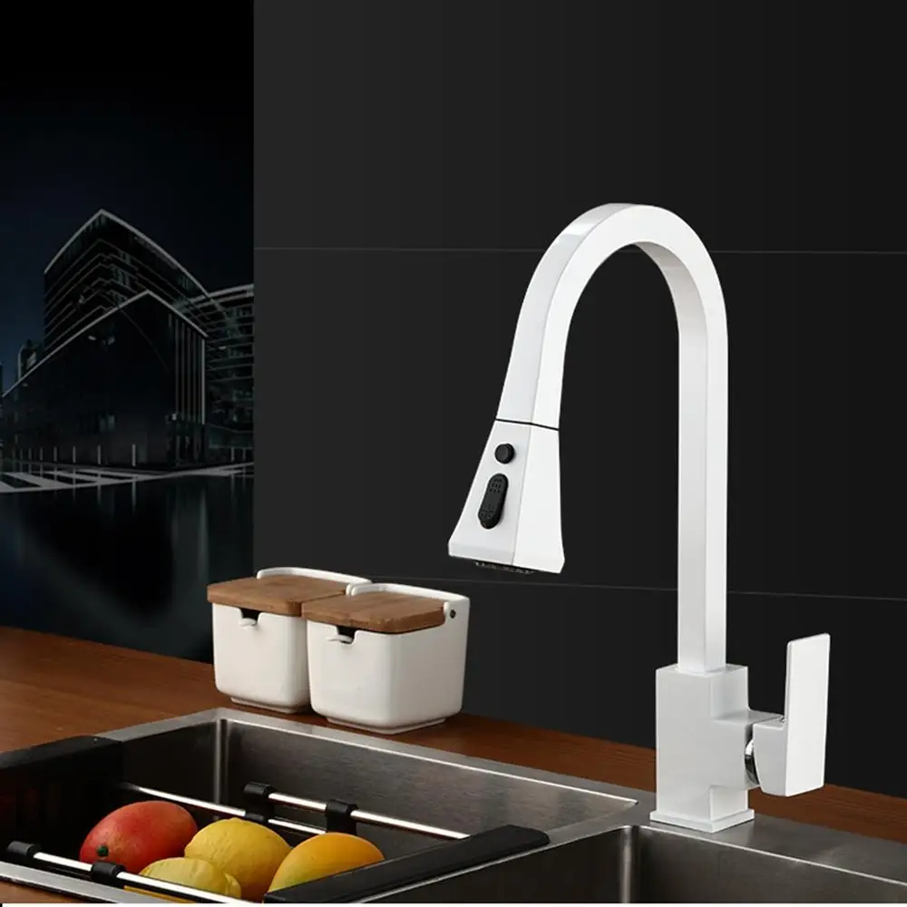 

Deck Mounted Pull Out Kitchen Sink Faucet Hot Cold Water Mixer Crane Square White Black Finished 2 Type Spray ELK6701