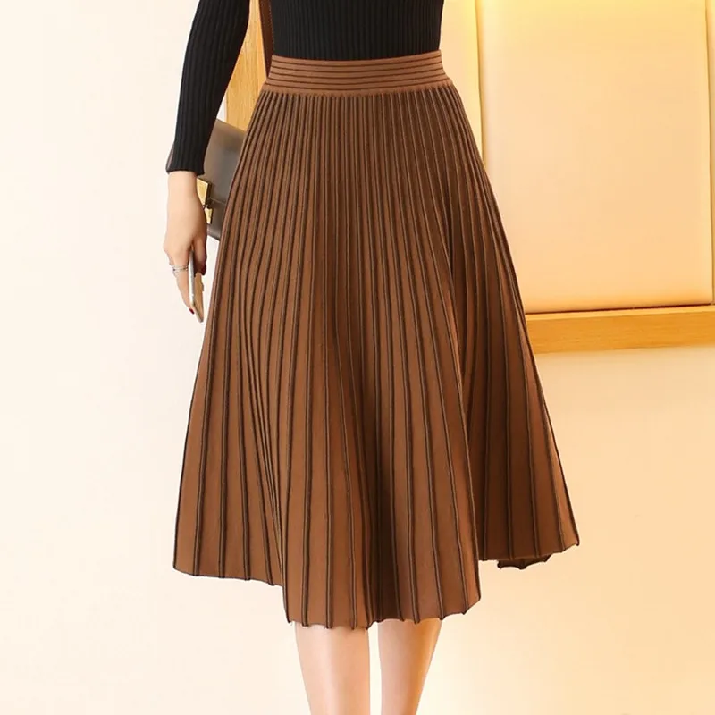LE CELEBRE Pleated Knitting Skirt Black Brown Grey 2018 Boho Women