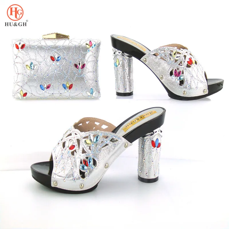 

2018 New Silver Shoes and Bag Set Decorated with Rhinestone Italian Shoe and Matching Bag Set for Wedding African Women Shoe