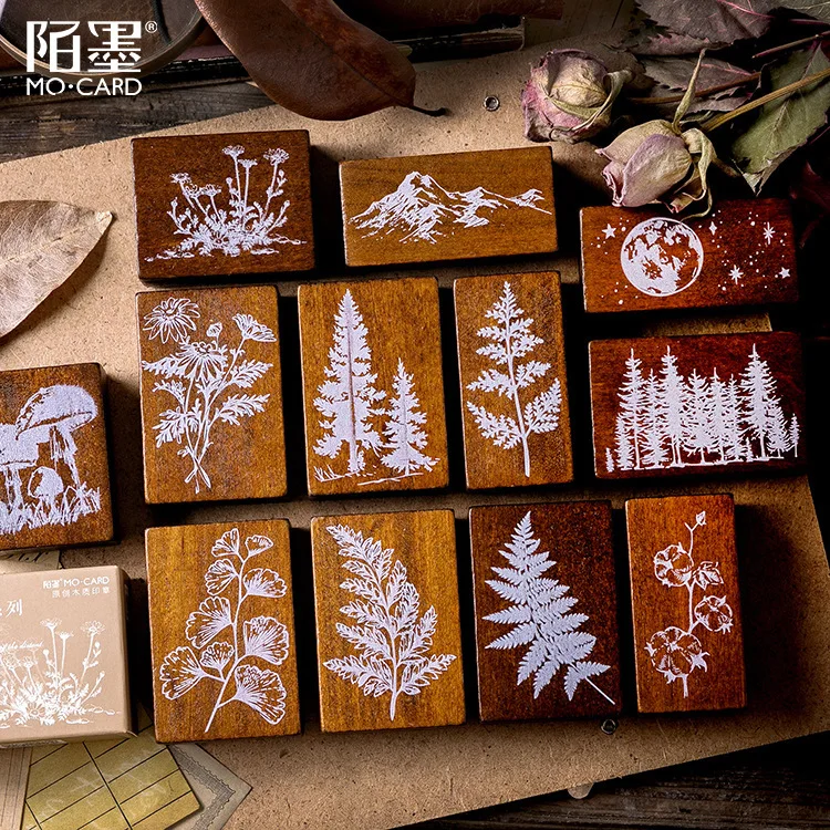 

Vintage jungle series retro fern/moon/mushroom/silver leaf seal stamp wood and rubber seal log rubber stamp decorativ dairy book