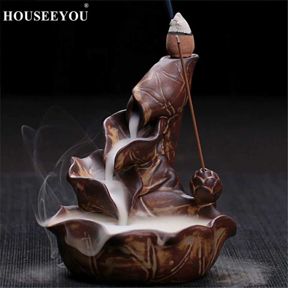 HOUSEEYOU керамическая горелка для благовоний в виде лотоса водопад обратный ладан держатель домашний декор буддийская ароматическая курильница+ 10 шт. благовоний шишки