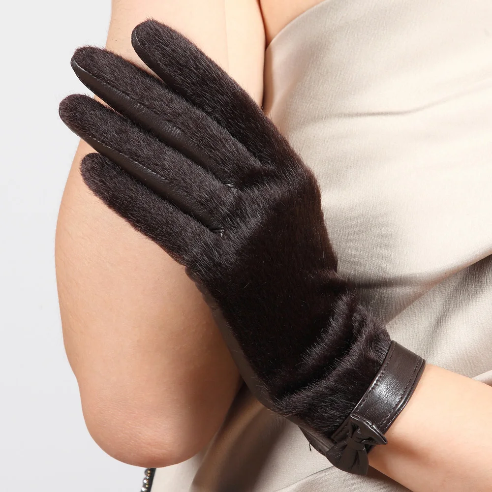 US $21.74 2020 New Leather Gloves Female Winter Warm Plush Lined Fashion Fur Bowknot Women Lambskin Leather Gloves L152nc1