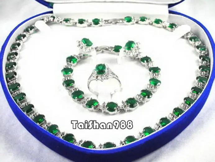 

Hot sale Free Shipping>> Green Cubic Zirconia Gem 18KWGP Crystal Necklace Bracelet Ring Earrings Sets Set