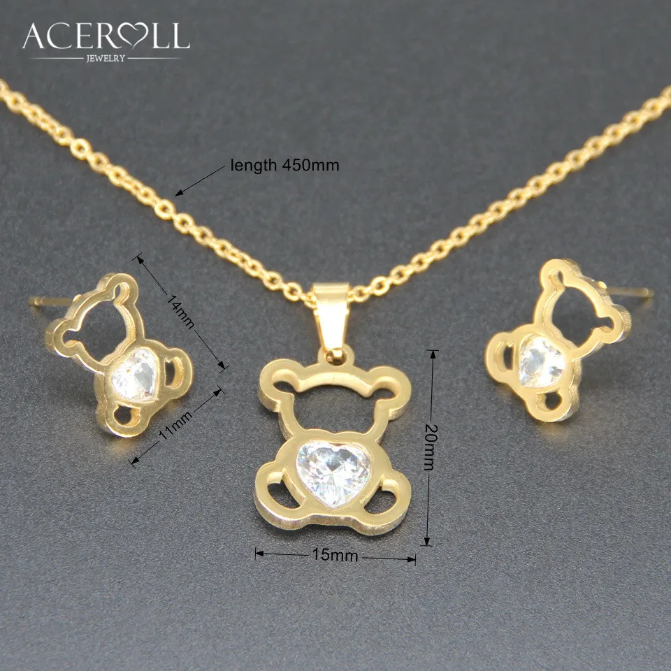 ACEROLL милый набор ювелирных украшений медведь-нержавеющая сталь Мода полые CZ Сердце Циркон милые серьги и кулон ожерелье в золотом цвете