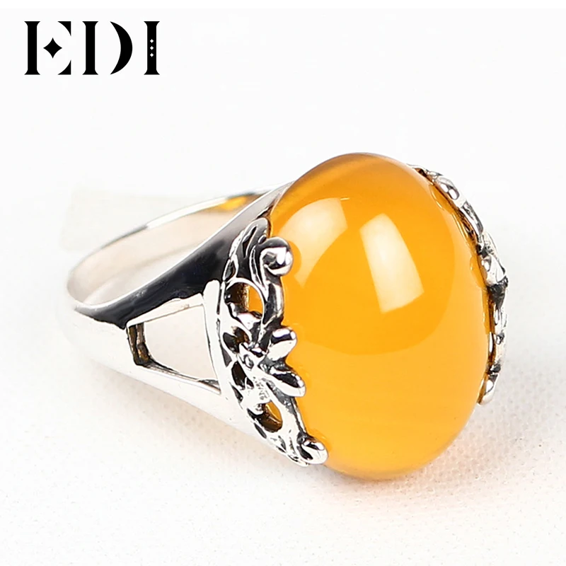

EDI Women Retro Yellow Chalcedony 925 Sterling Fashion Thai Silver Rings Palace Corundum Adjustable Rings Fine Jewelry