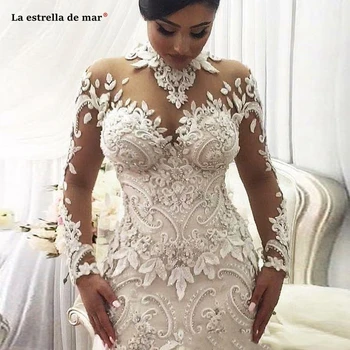 

robe de mariage 2020 New High Neck Lace Long Sleeve Ivory Sexy Mermaid Dubai Muslim Wedding Dress Trailing Vestito da Sposa Luxu