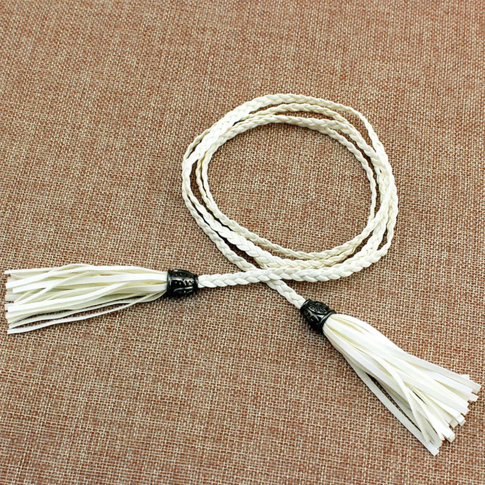 

Daily Narrow Skinny Tassel Thin Artificial PU Waistband Self Tie Braided Rope Solid For Dress Women Waist Belt Decoration