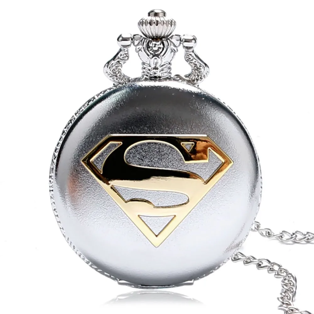 Ретро Популярные стальной Супермен мультфильм тема кварцевые карманные часы черный/бронза/серебро Цвет карманные часы с Цепочки и
