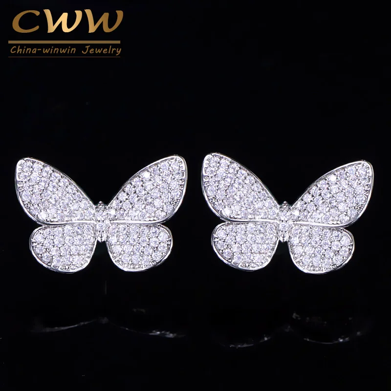 CWWZircons прекрасные трендовые микро серьги с цирконием кубической огранки милые яркие насекомые в форме бабочки Модные женские ювелирные изделия CZ163 - Окраска металла: white