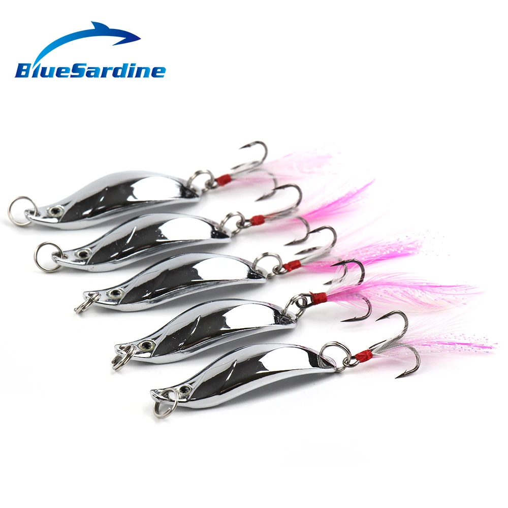 BlueSardine 5PCS 14G 6CM Spoon Lures Metal Spoon Baits Fishing Lure with Feather Treble Hook Spoonbaits Pesca Fishing Tackle