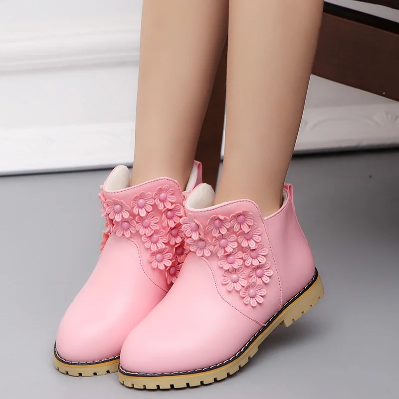

New Autumn Winter Children Boots PU Leather Waterproof Boots For Girls Kids Flowers Snow Boots Warm Girls Shoes