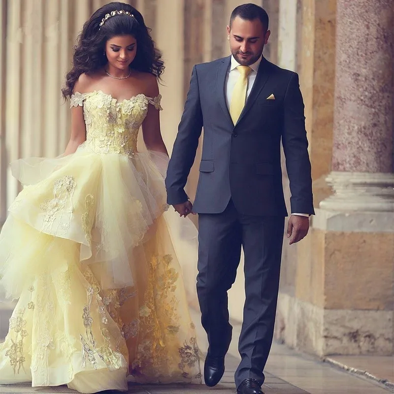 

Romantic Saudi Arabia Prom Party Dress Ball Gown Princess Yellow Prom Gowns Lace Appliques Off Shoulder Formal Evening Dress