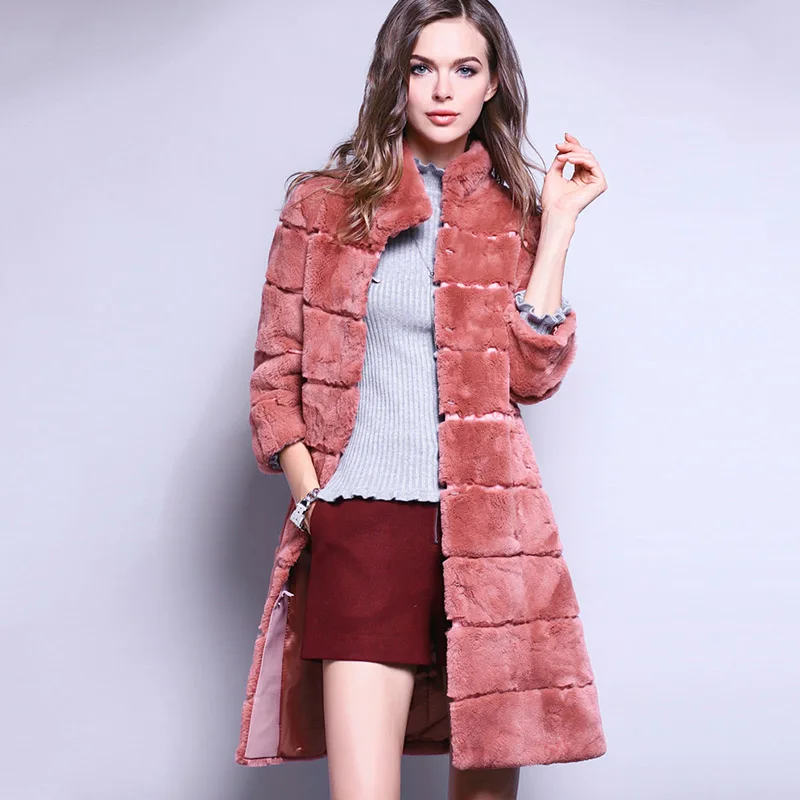 LVCHI Winter2017 натуральное пальто из кроличьего меха Рекс женская Мандарин Воротник девять четверть Средний Повседневный офисный женский узкий теплый пальто - Цвет: Розовый