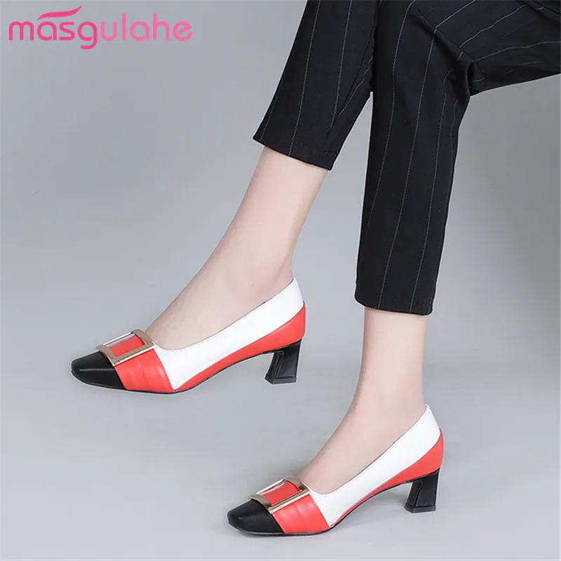 

Masgulahe 2019 new arrival genuine leather shoes women pumps Metal decoration single shoes classic office shoes ladies