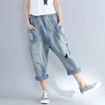 

Casual Harajuku Vintage Retro Hippie Boho School Patchwork Embroidered Denim Jeans Blue Crotch Loose Baggy Pants Women Trousers
