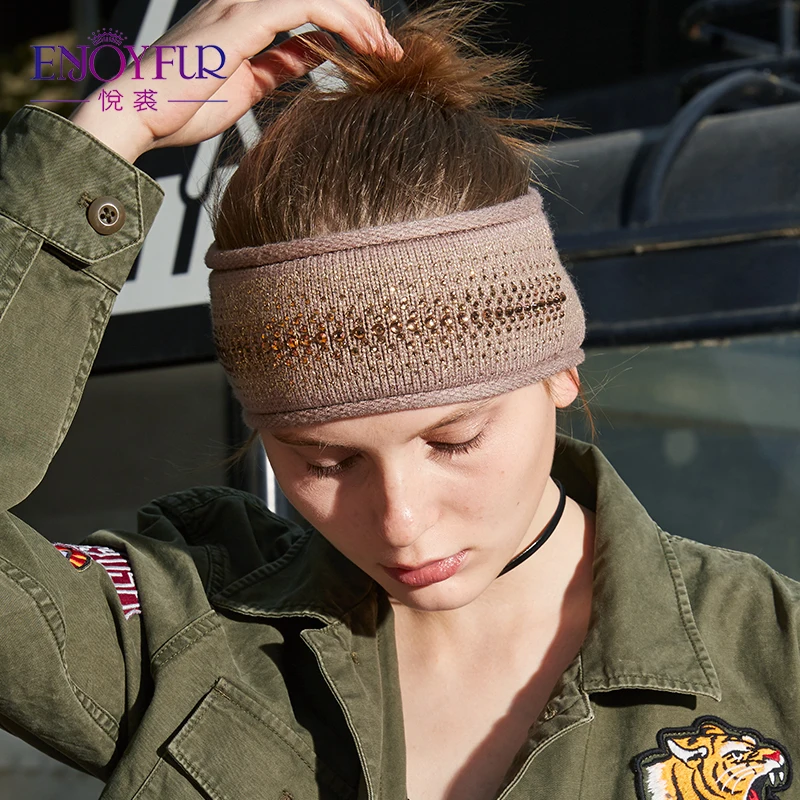 ENJOYFUR Fashion Rhinestones Winter Headband Female Cashmere Knitted Hair Accessories For Women Wide Warm Ladies Headwear 2018