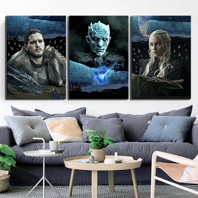 

3 Piece Game of Thrones 8 Movie Poster Paintings Night King Jon Snow Daenerys Targaryen Fan Art Canvas Paintings Wall Art Decor