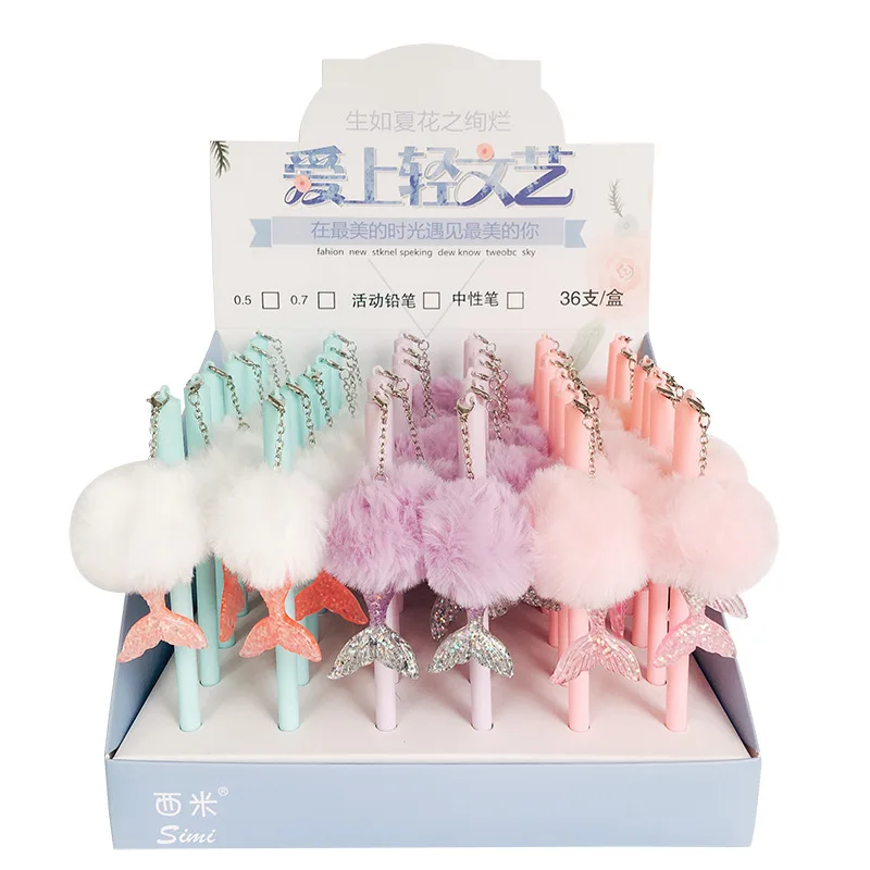 

24 pcs/lot Mermaid Pendant Gel Pen Cute Plush black ink Signature pens Promotional Gift Stationery School writing Supplies