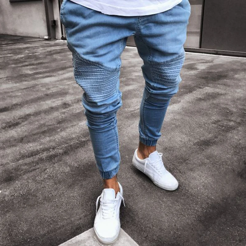 2018 Men Distressed jeans pleated skinny biker trousers black blue jeans with Pleated patchwork slim fit hip hop jeans men pants