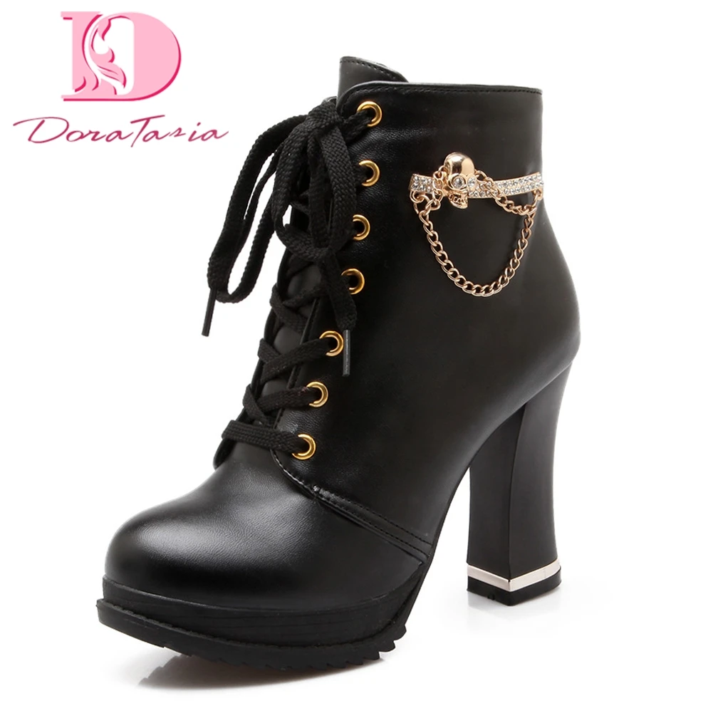 

Women's 2019 Shoelaces Add Fur High Heels Party Black White Shoes Women Boots Women Platform Winter Ankle Boots Woman Shoes