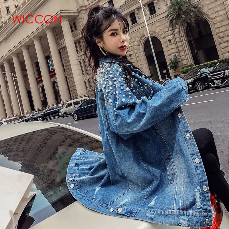 

Beading Hole Denim Jackets Fashion Loose Washed Jean Jacket Women Chaqueta Mujer Streetwear Autumn Long Coat Female