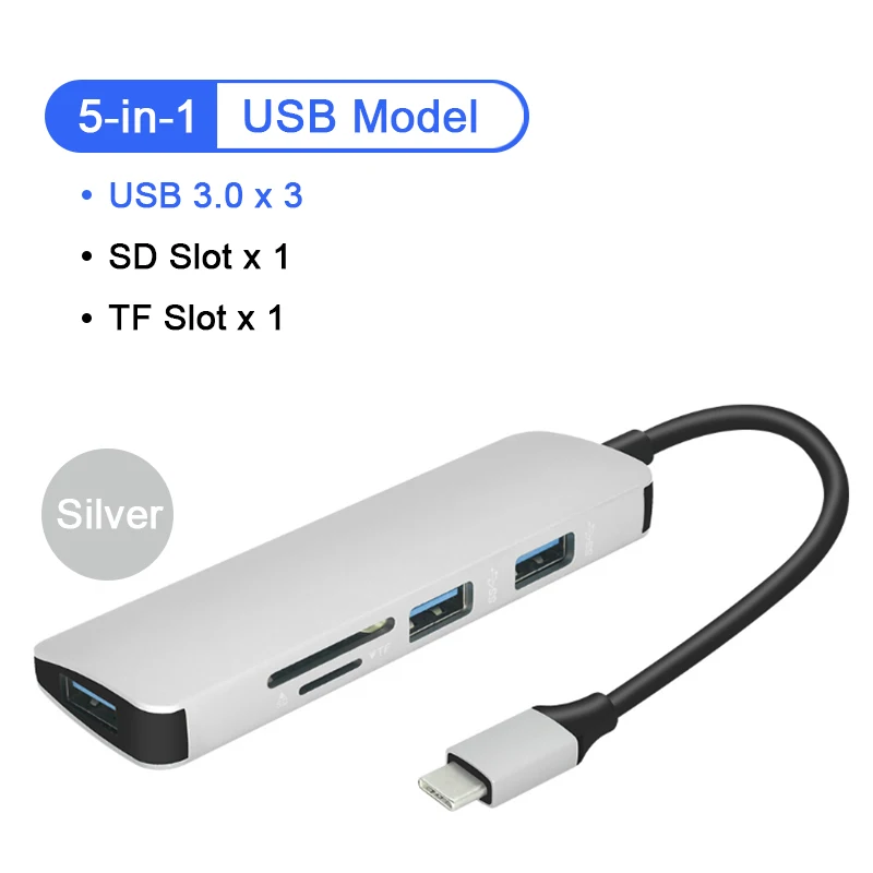 5 в 1 взаимный обмен данными между компьютером и периферийными устройствами C концентратор Тип C концентратор к HDMI USB 3,0 SD/TF Card Reader адаптер для MacBook samsung Galaxy S9/S8 huawei P20 Pro - Цвет: silver