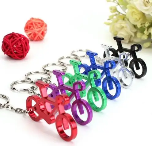 

50 pcs cheapest whosesale aluminum sport bike shaped bottle opener keychains,bicycle beer opener ring.promotion gift.mix colors